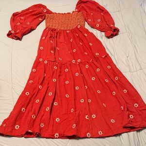 Burnt Red Floral Smocked Maxi Dress